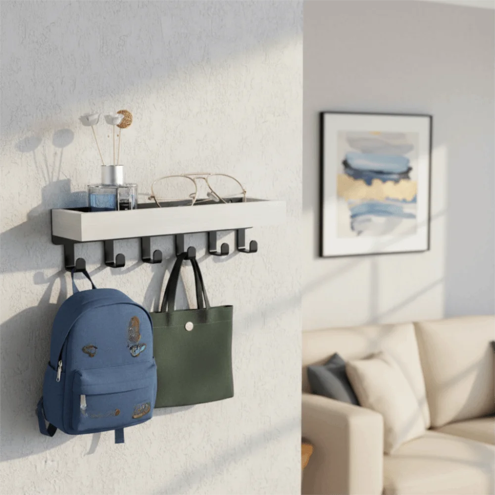 Multifunctional Wooden Key Holder — Wall Mounted Organizer with 6 Hooks