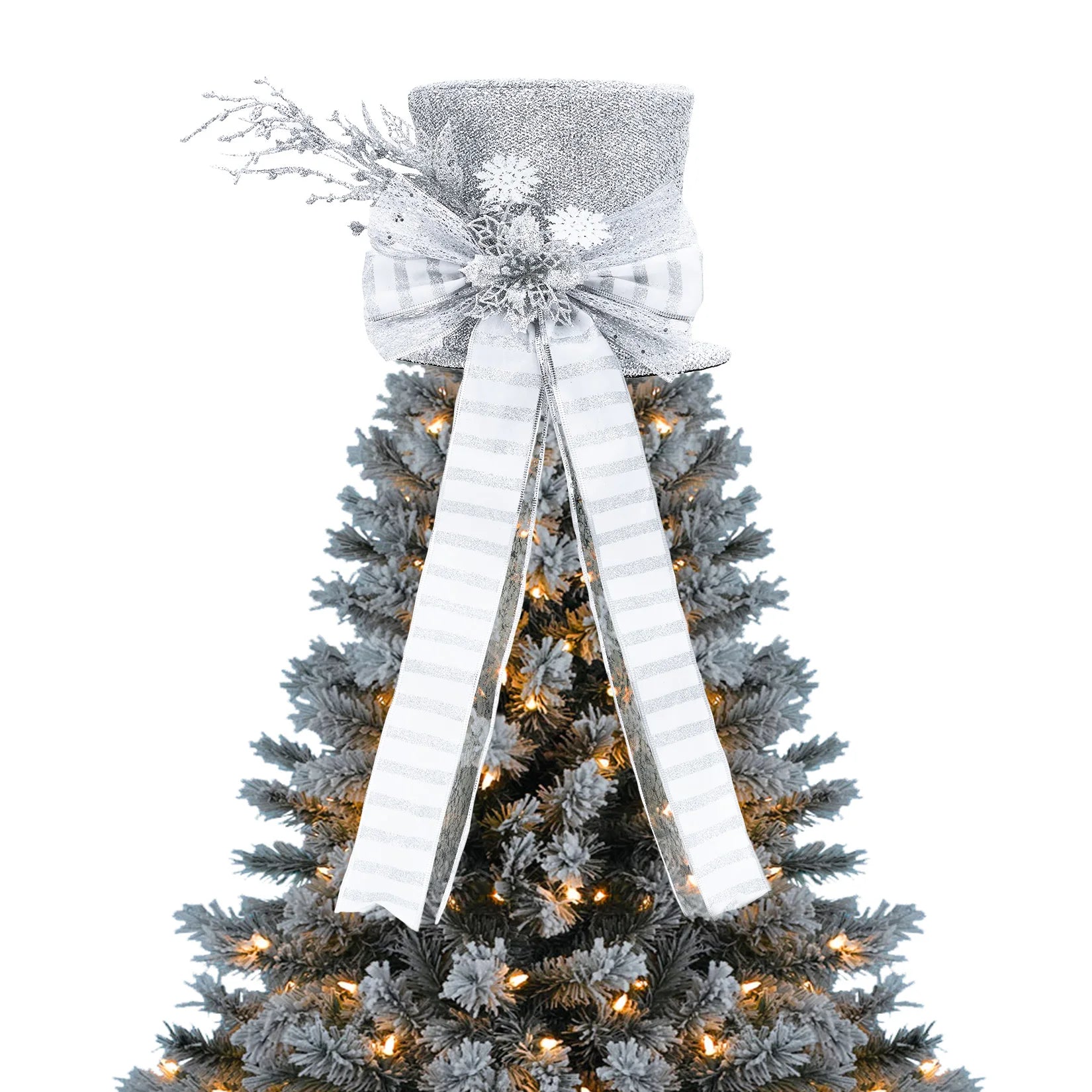 EliteZ Glitter Christmas Tree Topper Bow — Decorative Spruce Branch Accent