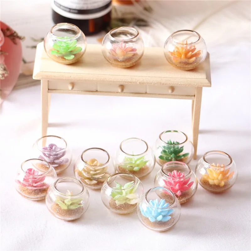 Miniature Potted Succulent Glass Vase — 1:12 Scale Dollhouse Decor