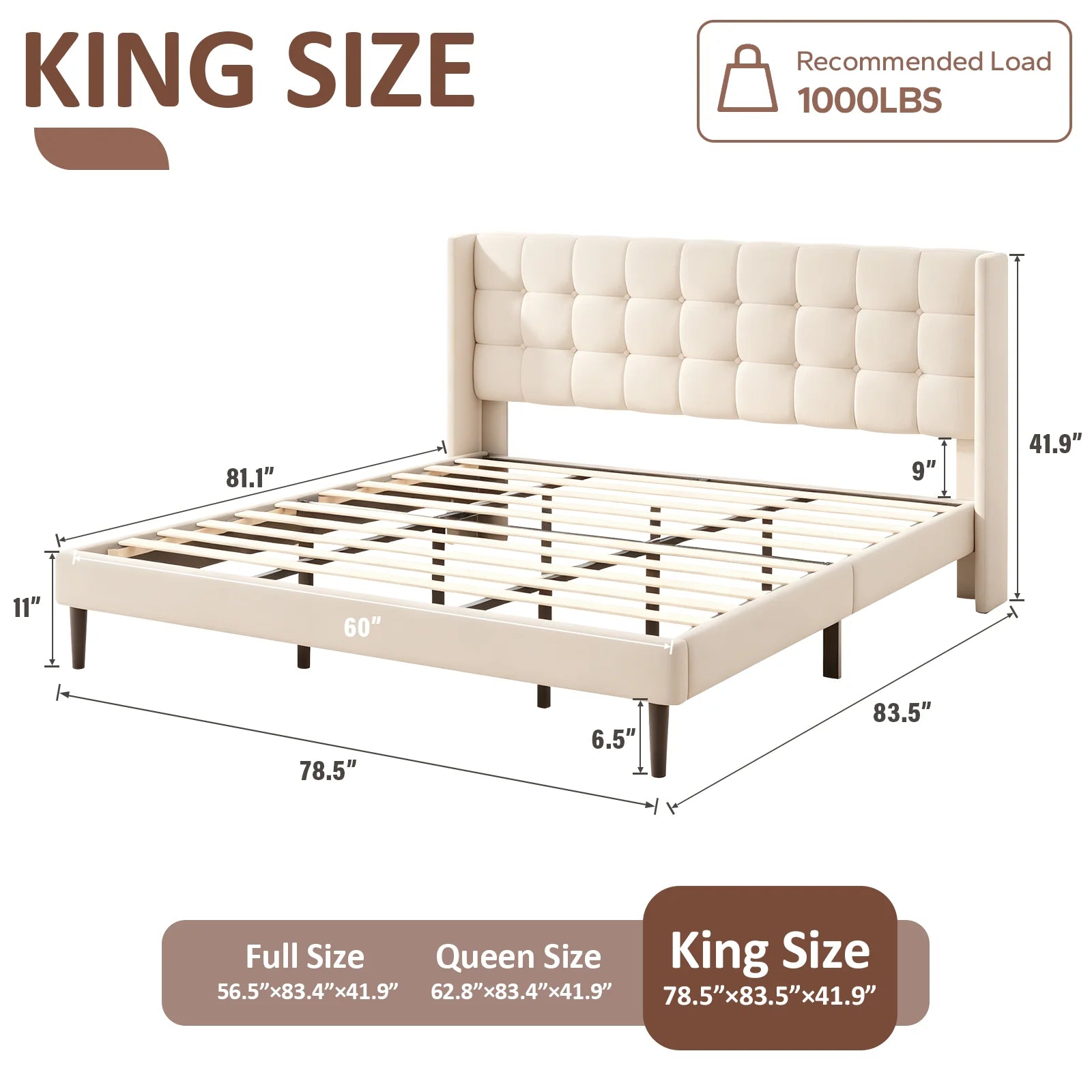 Sismplly Wingback Upholstered Platform Bed Frame — Tufted Linen Headboard