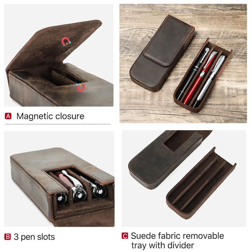 CONTACTS FAMILY Genuine Leather Pen Case — Luxury 3-Slot Pencil Pouch