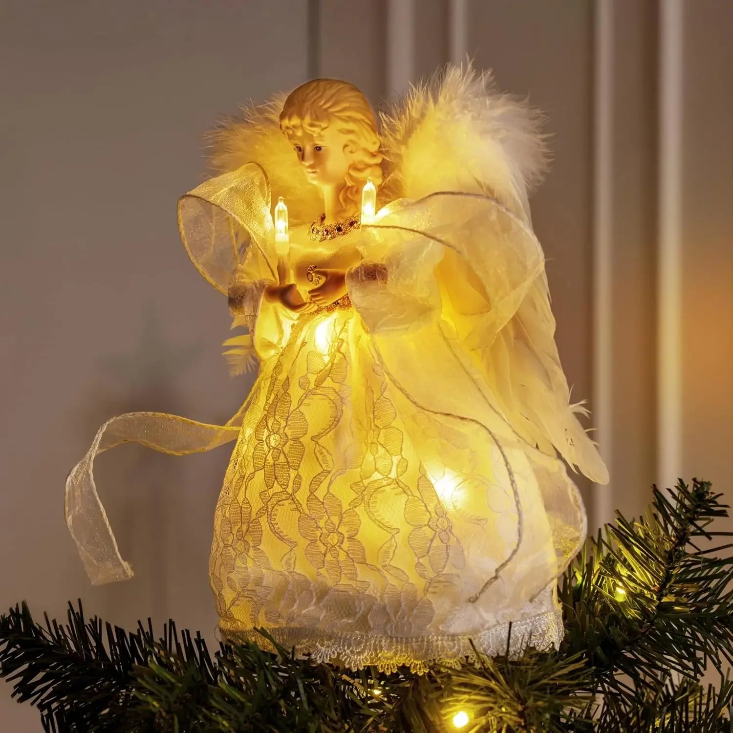 9'' Illuminated Angel Christmas Tree Topper — Battery Operated Ivory Ornament