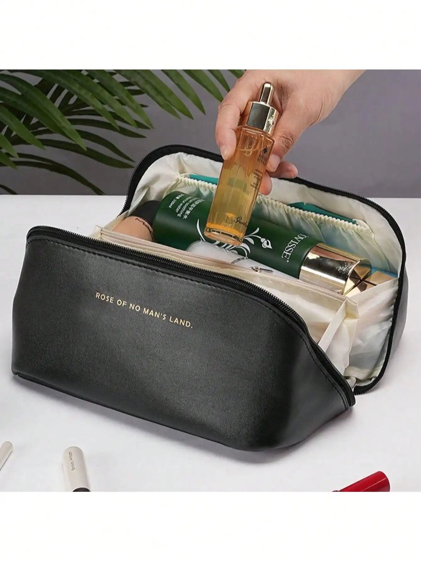 YHYEH Large Leather Cosmetic Bag — Elegant Makeup & Toiletry Organizer