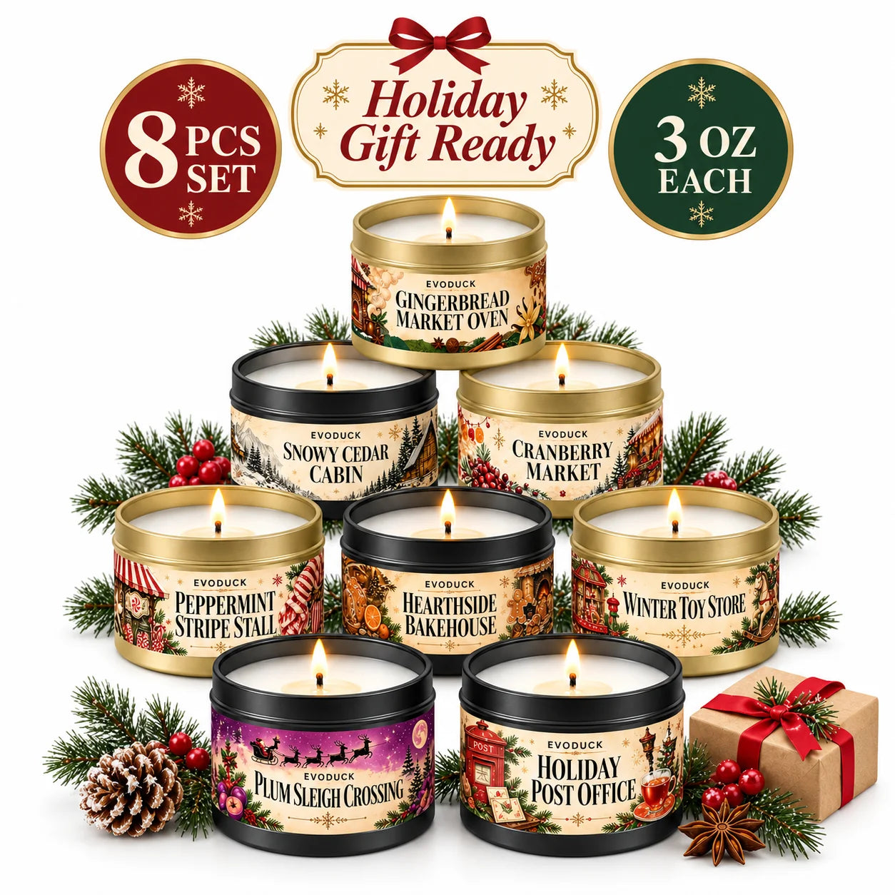 EVODUCK Vanilla Amber Cashmere Candle — Warm Scented Holiday Tin