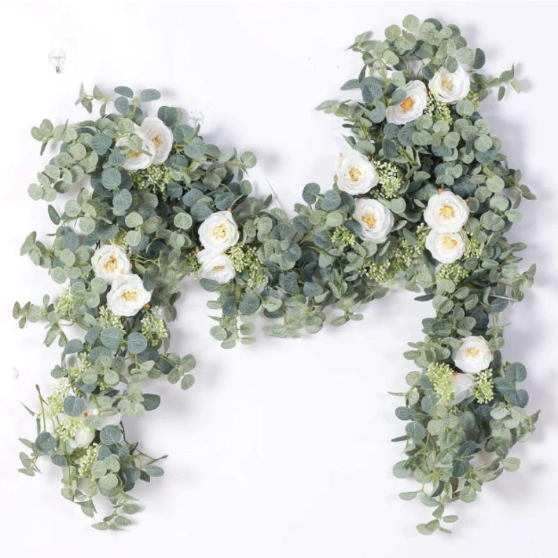 Artificial Eucalyptus Garland with White Flowers — Decorative Vine for Weddings & Home Decor