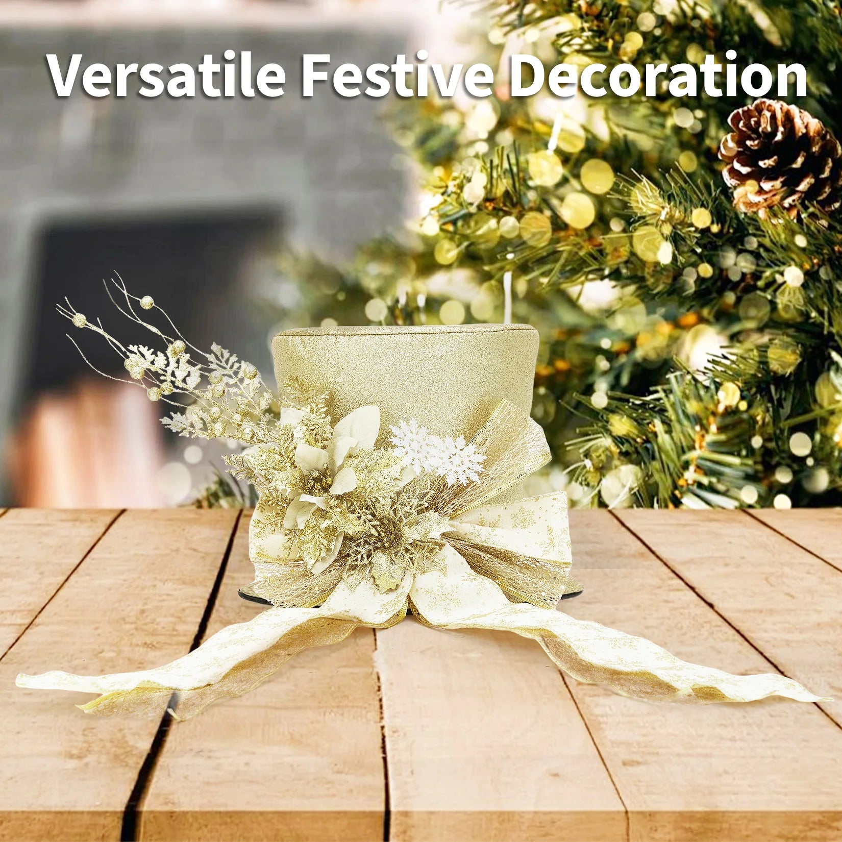 EliteZ Glitter Christmas Tree Topper Bow — Decorative Spruce Branch Accent