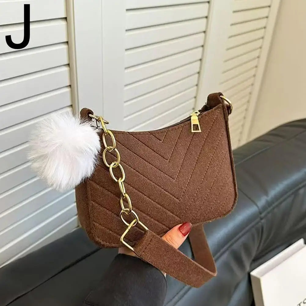 Mini Felt Shoulder Bag — Stylish Underarm Handbag with Pom-Pom Detail
