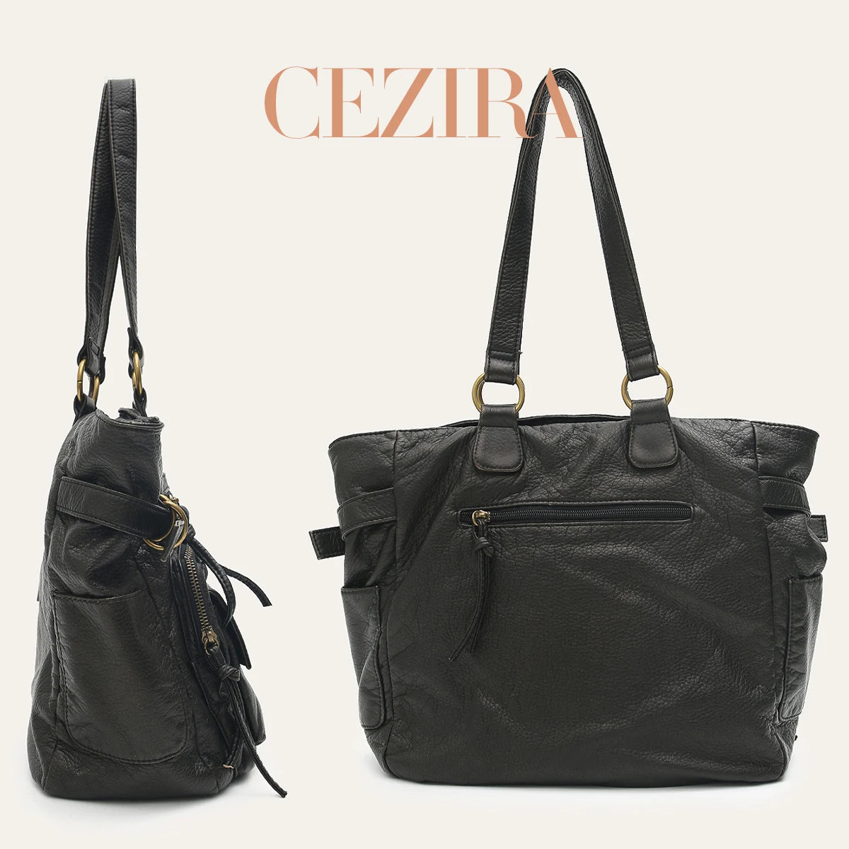 CEZIRA Retro Washed Vegan Leather Tote — Multi-Pocket Shoulder Bag