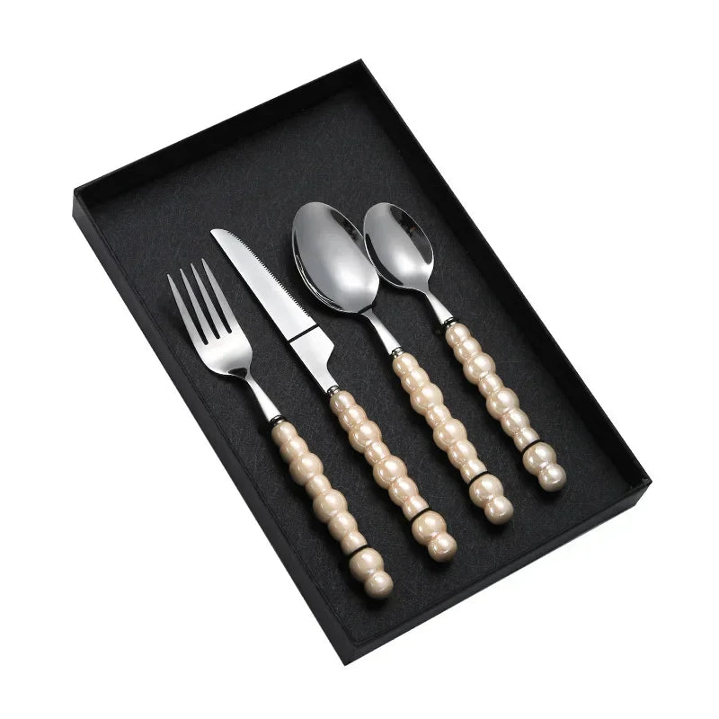Luxury Ceramic Pearl Handle Cutlery Set — Stainless Steel Spoon and Fork Set