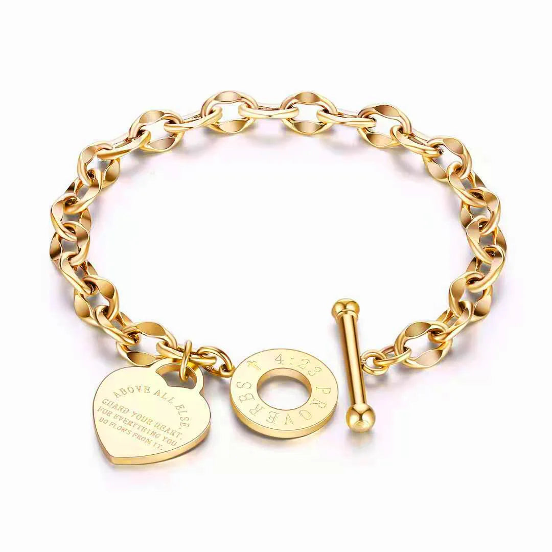 Stainless Steel Heart Pendant Bracelet — Unisex Link Chain Jewelry