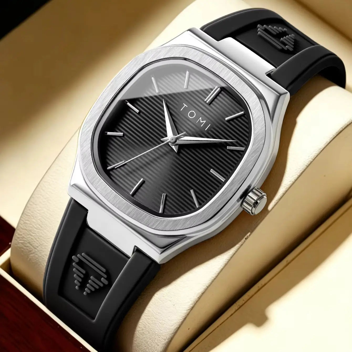 TOMI Men's Quartz Watch — Luxury Square Dial with Rubber Strap
