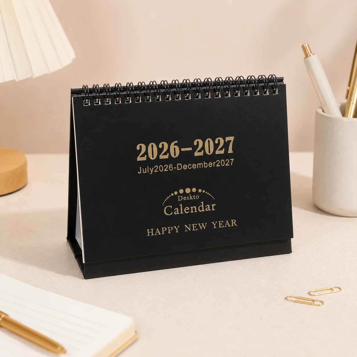 18-Month Desk Calendar — Foldable Stand & Gold Stamped Hard Cover