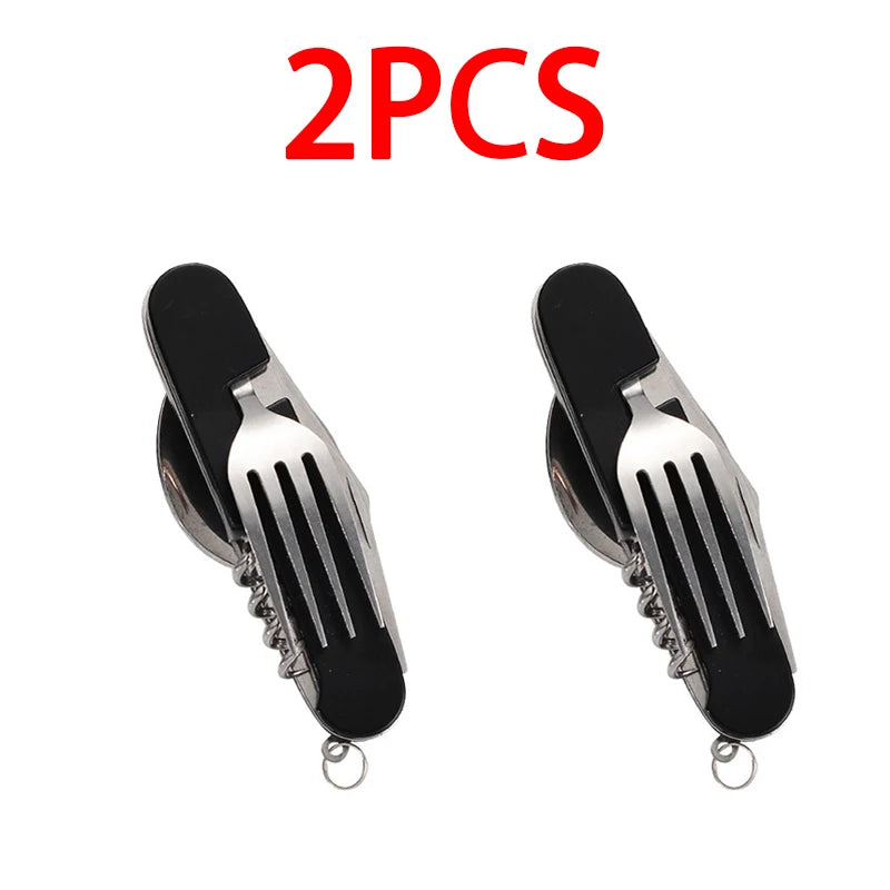 6-in-1 Stainless Steel Camping Cutlery Set — Portable Folding Outdoor Kit