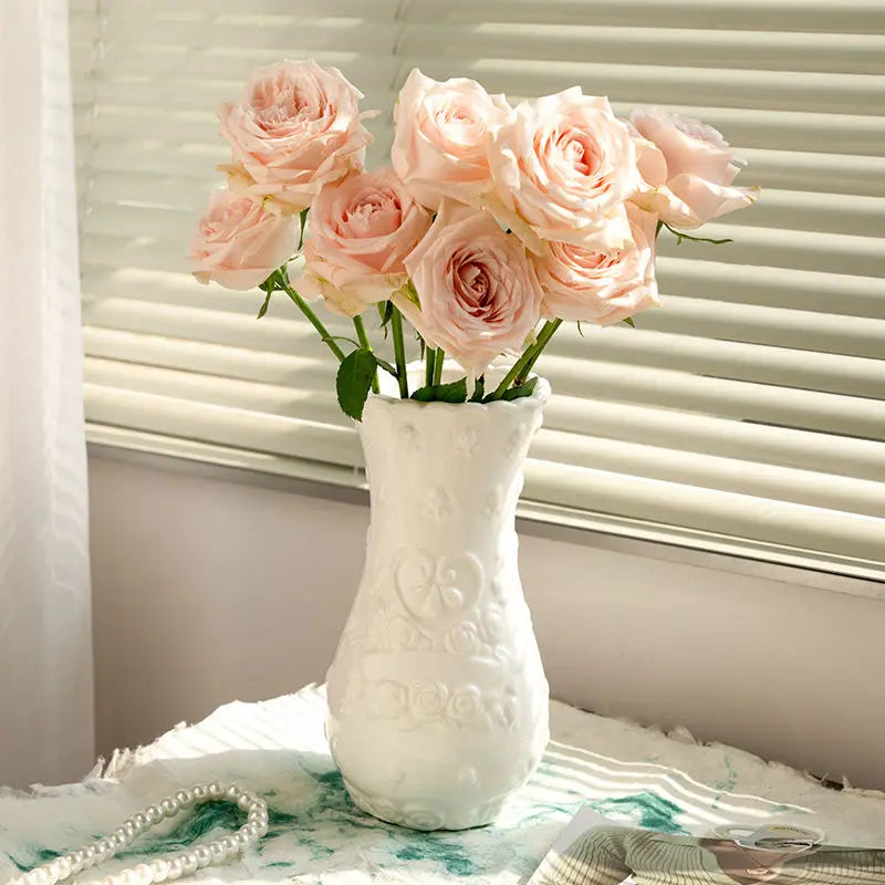 Retro Rose Relief Decorative Vase — European Style Imitation Ceramic Desktop Ornament
