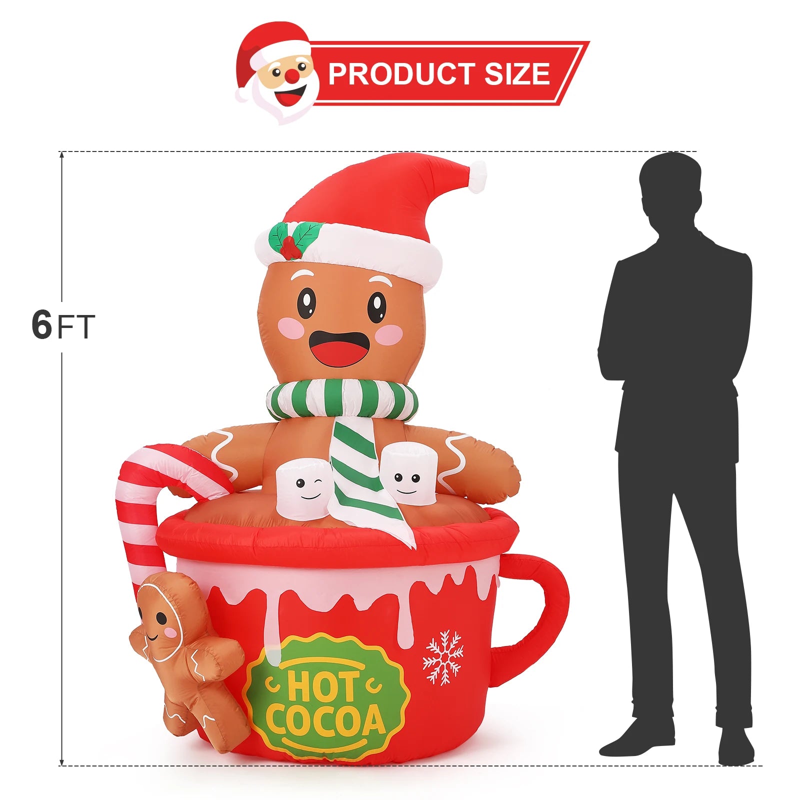HiMISS 6ft Gingerbread Man Inflatable — Glowing Hot Cocoa Mug Yard Decor