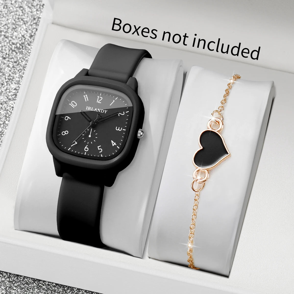 Women's Quartz Watch and Heart Bracelet Set — Square Dial with Silicone Strap
