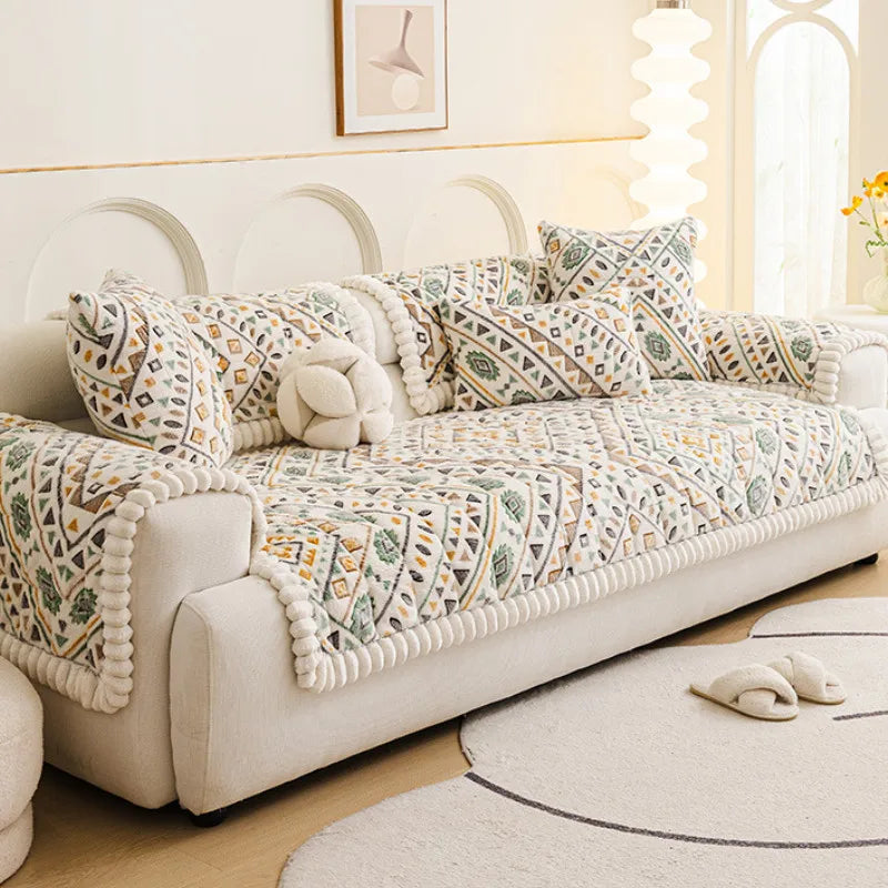 Geometric Snowflake Velour Sofa Cover — Anti-Slip Plush Seat Protector