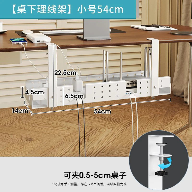 Under Desk Cable Management Tray — Sturdy Metal Cord Organizer, No-Drill Clamp Mount
