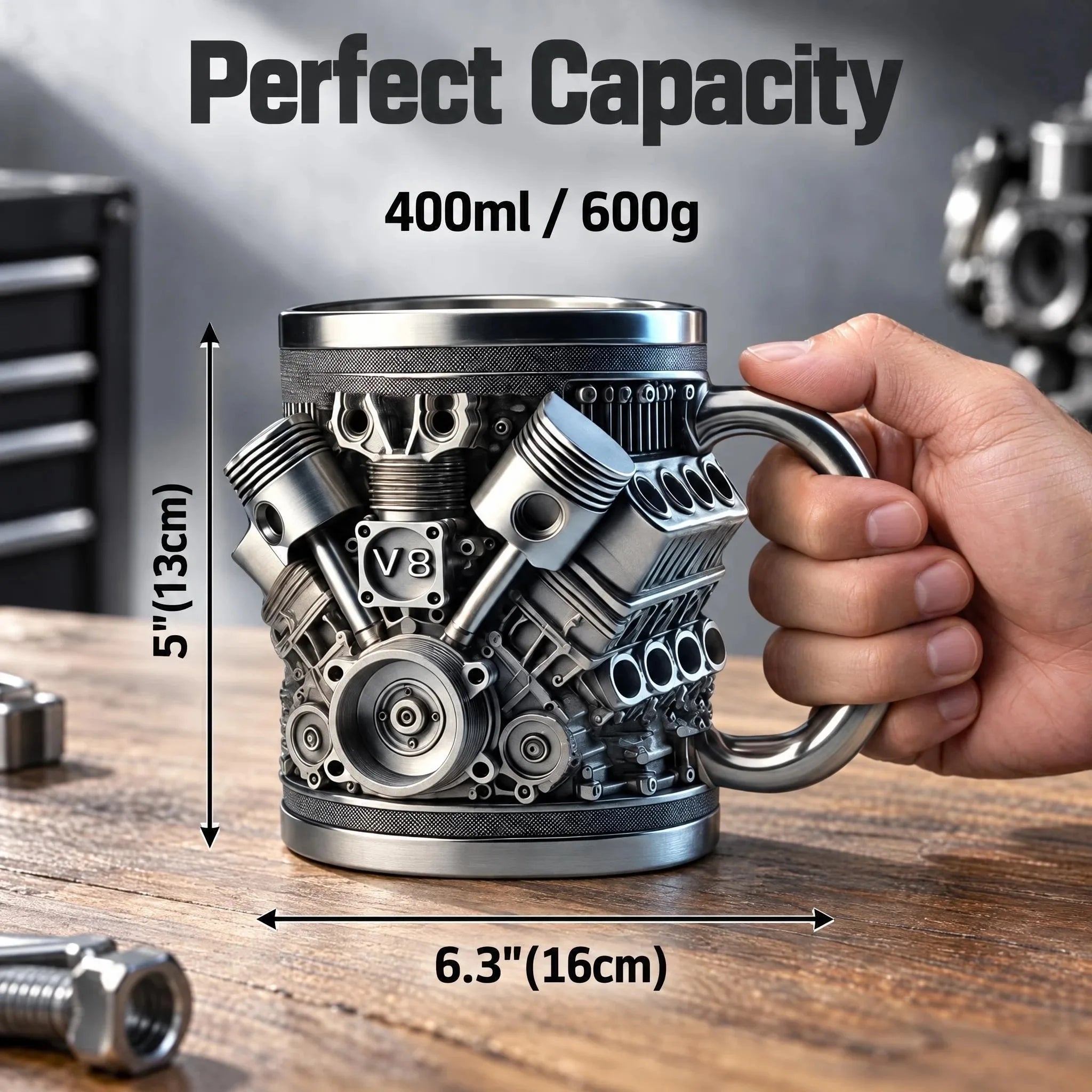 V8 Engine Stainless Steel Coffee Mug — 3D Mechanical Design Water Bottle