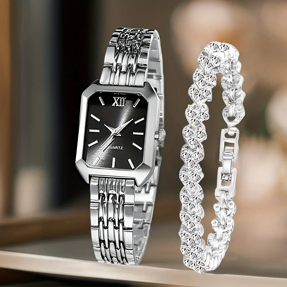 Women's Quartz Watch and Rhinestone Bracelet Set — Elegant Roman Dial Jewelry Kit