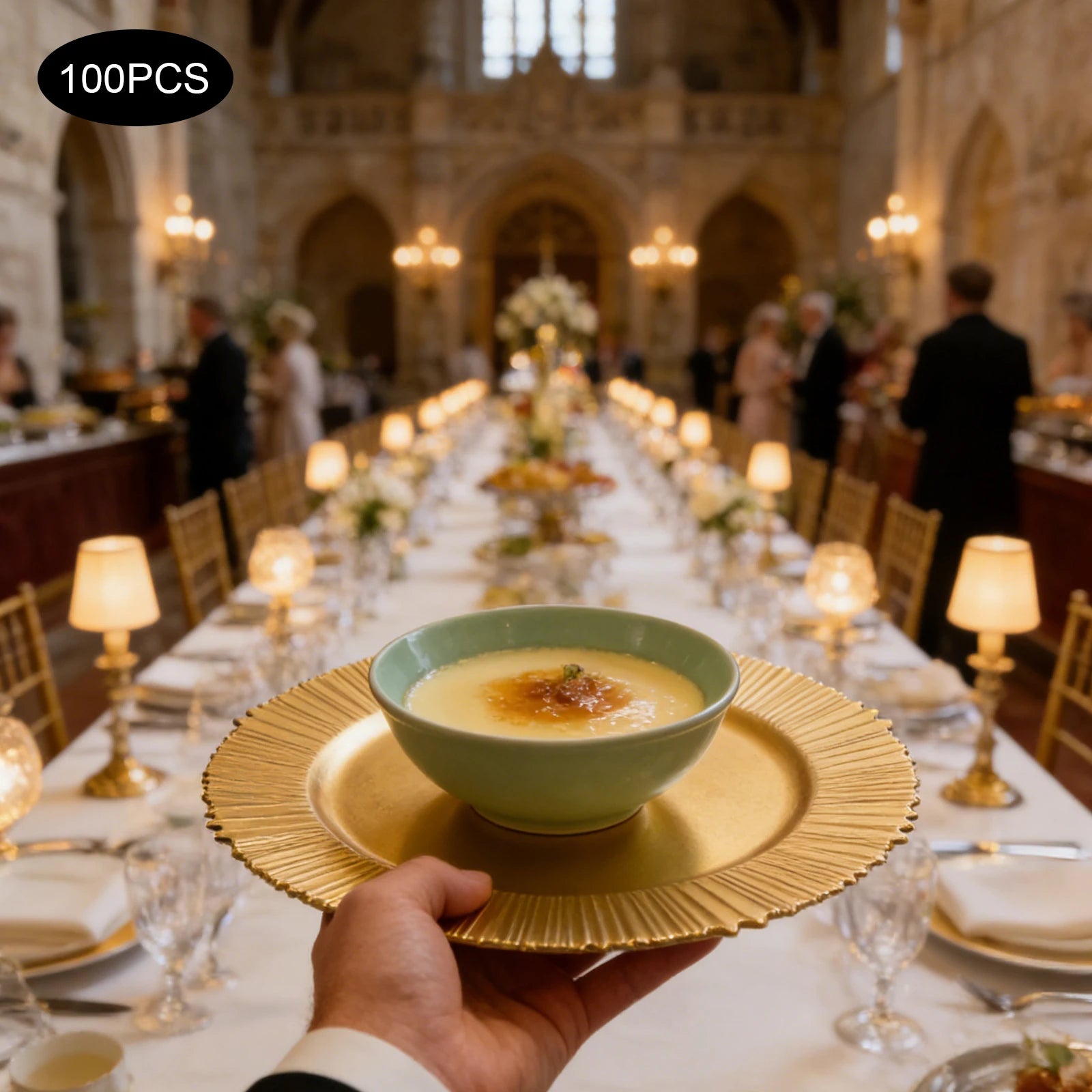 Gold Scalloped Charger Plates — 100-Pack Elegant Table Decor for Weddings