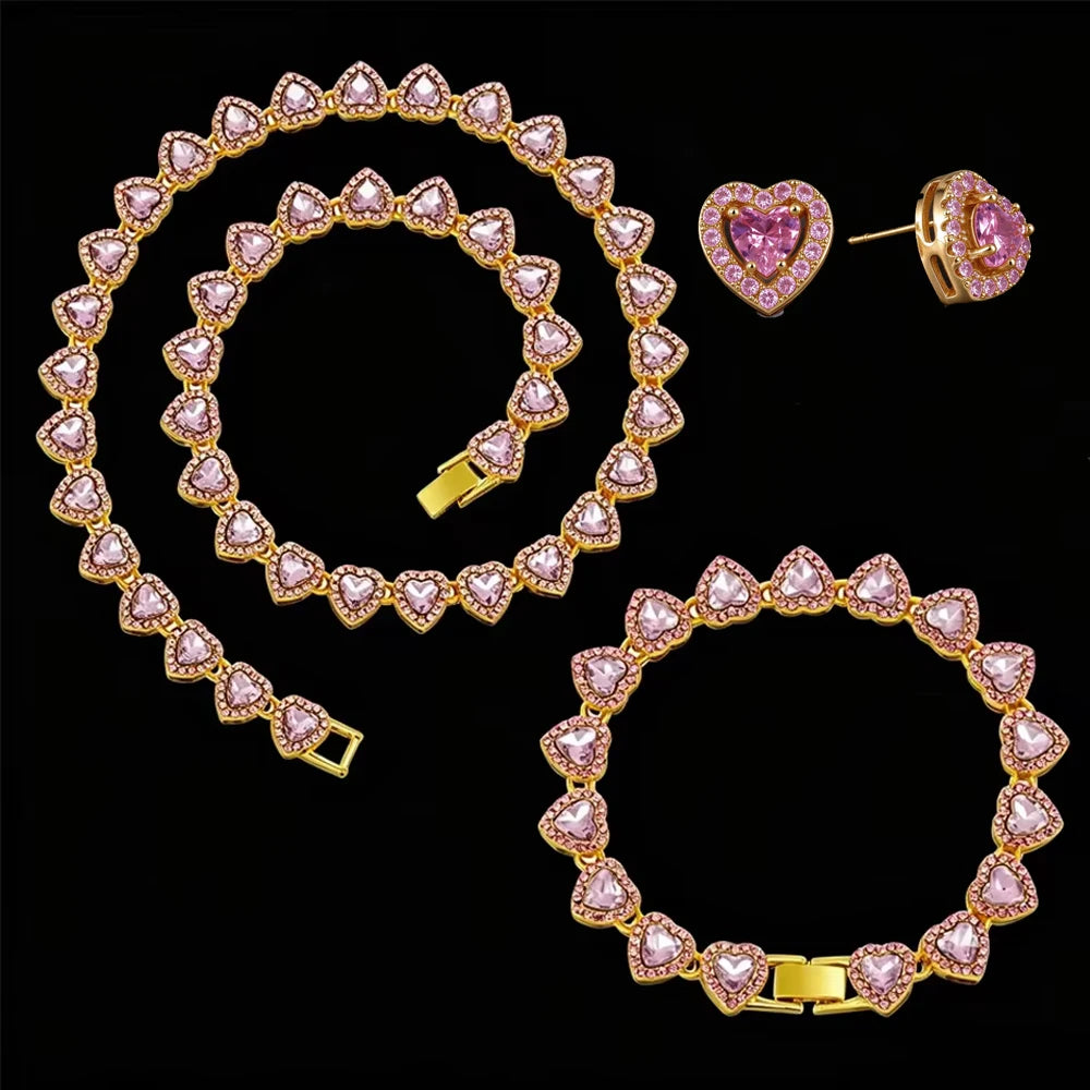 Hip Hop Rhinestone Heart Jewelry Set — Tennis Chain Necklace and Bracelet