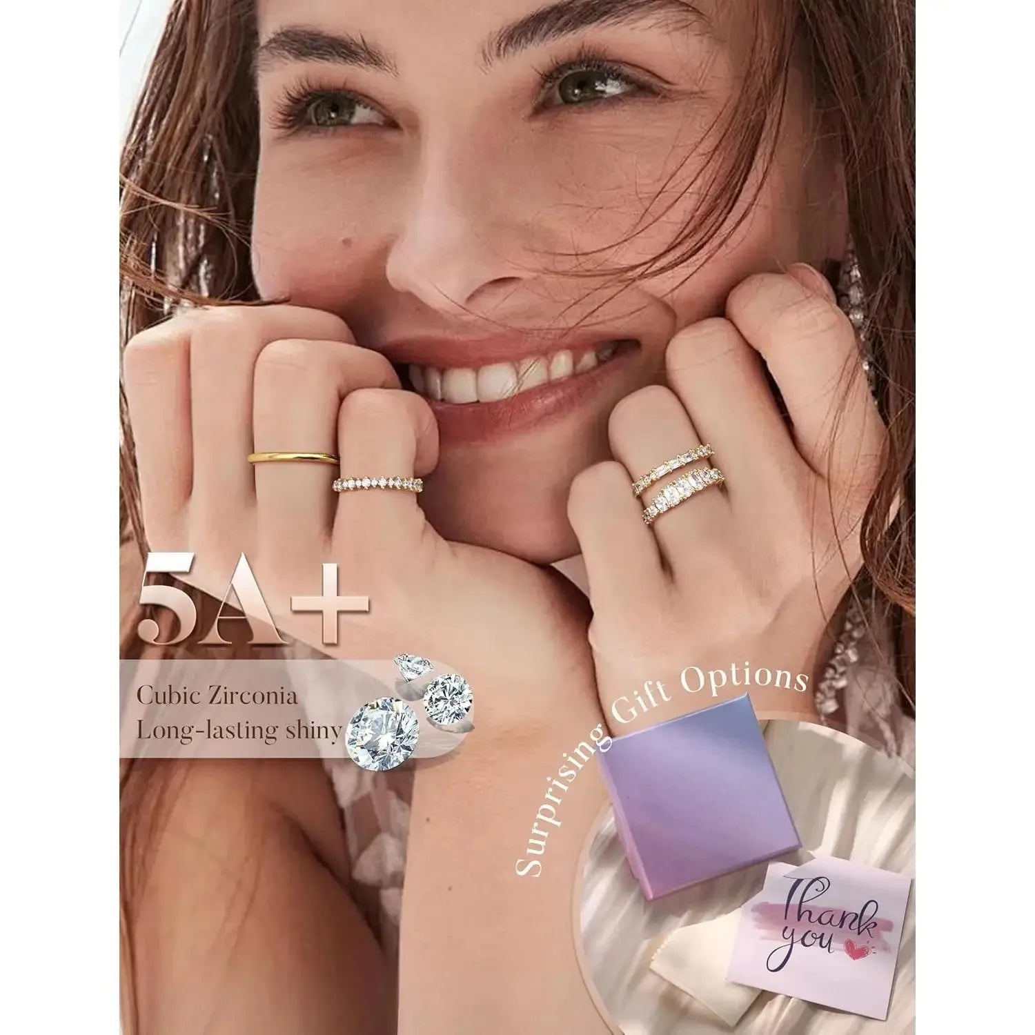 drperfect 14K Gold Plated Stackable Ring Set — Dainty Cubic Zirconia Wedding Bands