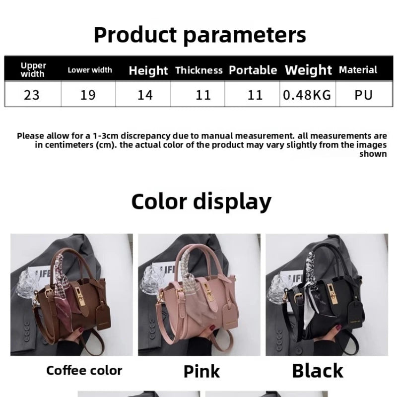 Elegant Leather Top Handle Handbag — Versatile Shoulder Purse with Silk Scarf