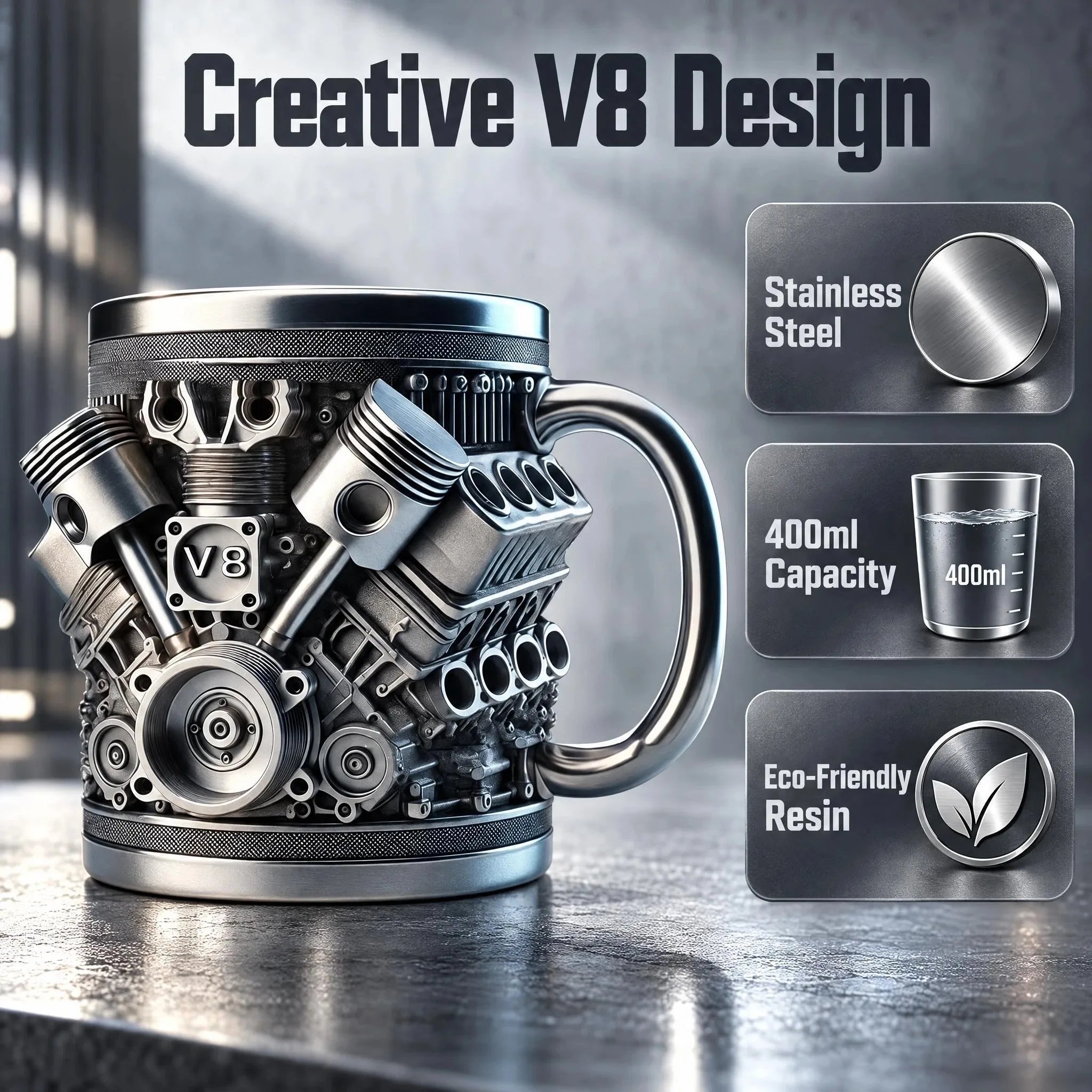V8 Engine Stainless Steel Coffee Mug — 3D Mechanical Design Water Bottle