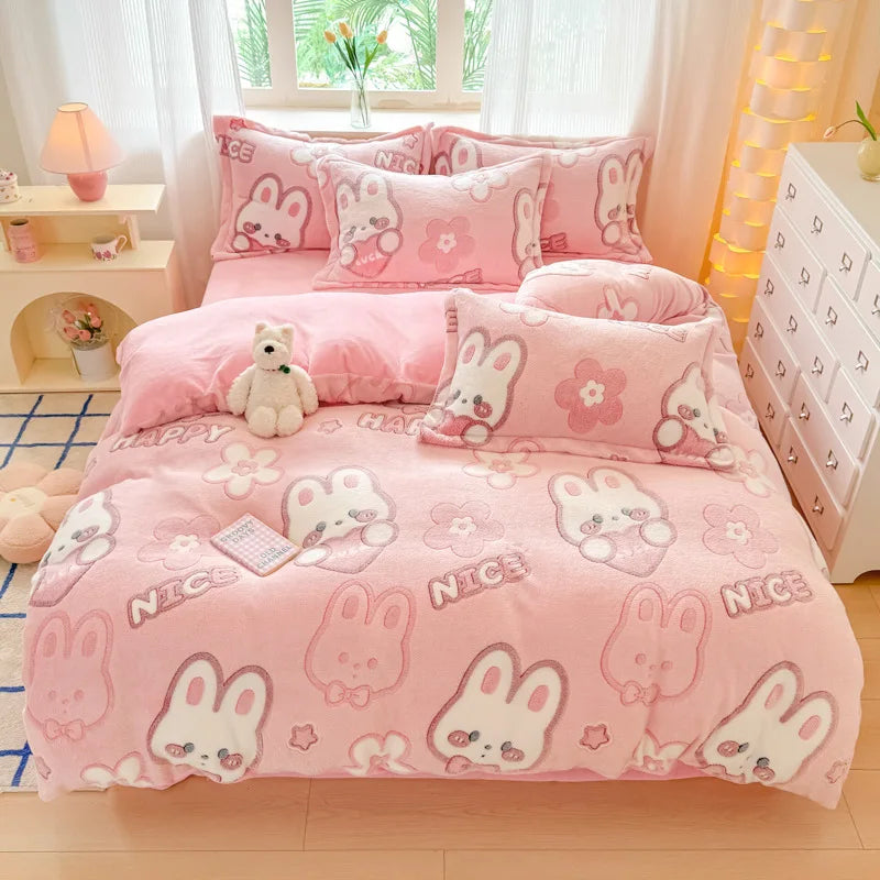 Plush Velvet Bedding Set — Warm Coral Fleece Duvet Cover & Sheet Set