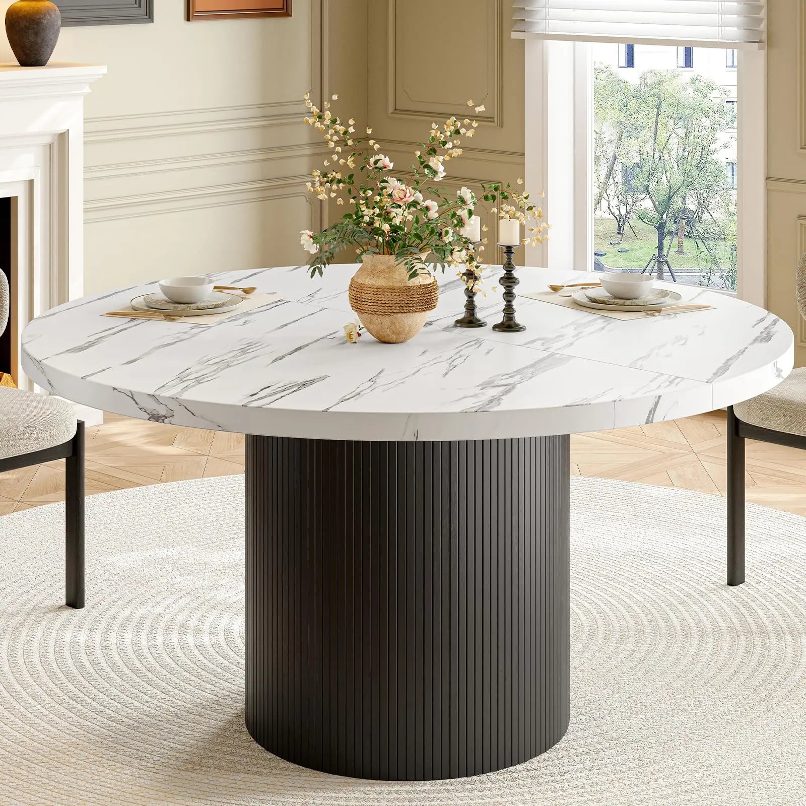 ONBRILL Round Fluted Dining Table — Modern 47 Inch Wood Kitchen Table