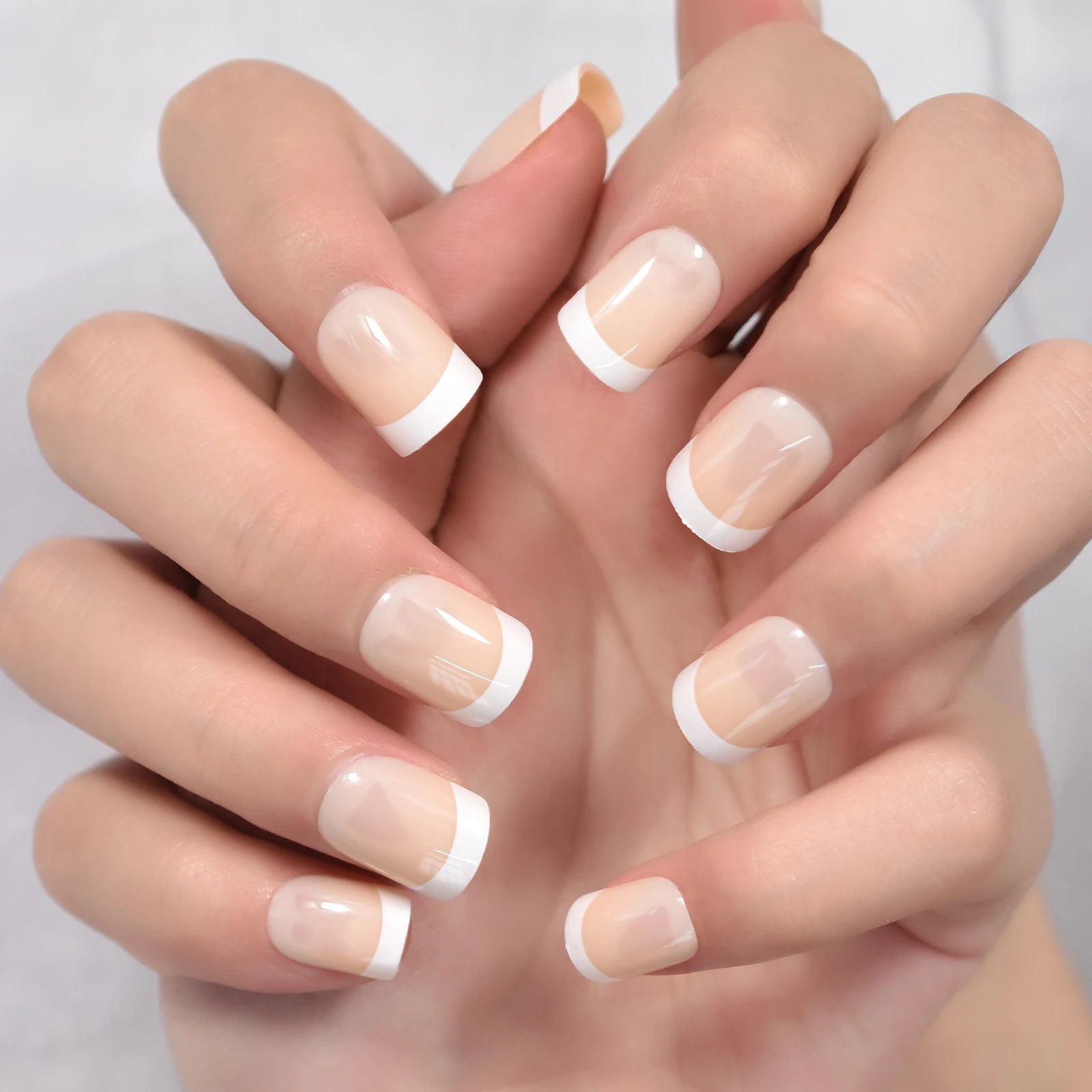 French Style Press On Nails — Glossy Nude White Tip Manicure Set