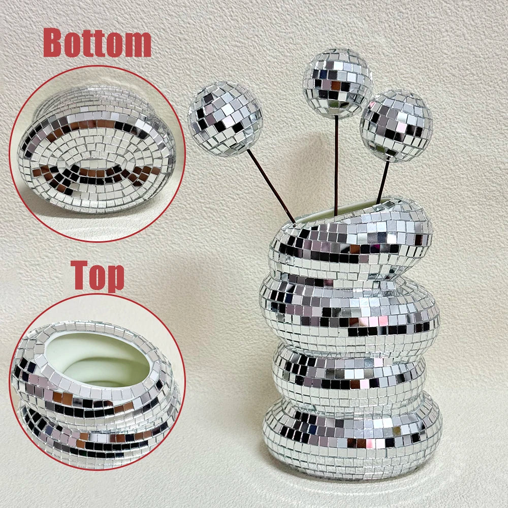 FngJiuyer Disco Ball Spiral Vase — Reflective Mirror Tile Flower Decor