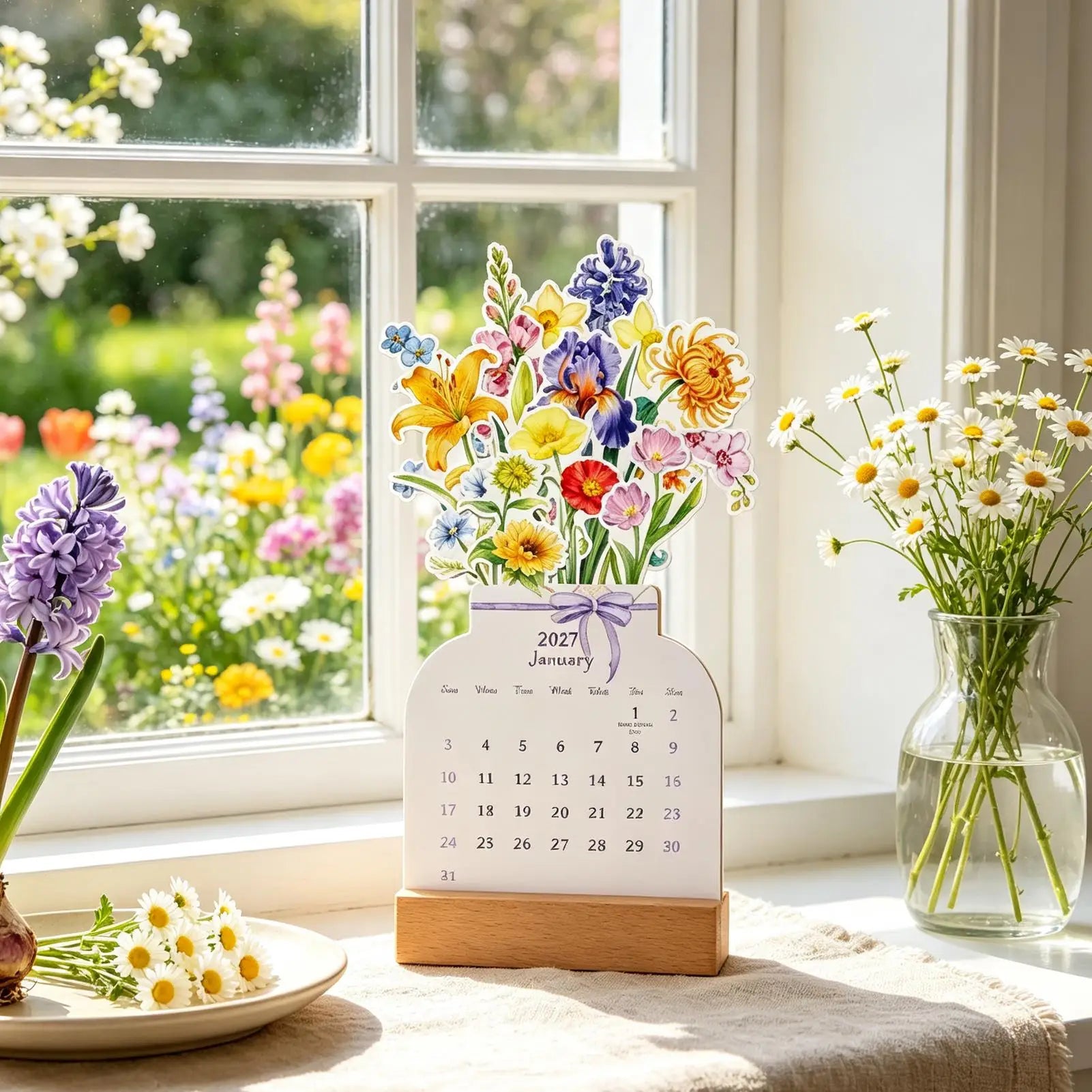 2027 Floral Desk Calendar — Monthly Planner with Wooden Vase Base