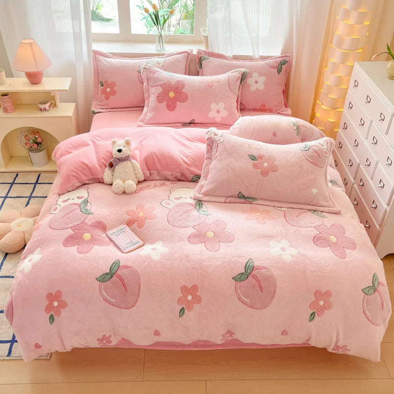 Plush Velvet Bedding Set — Warm Coral Fleece Duvet Cover & Sheet Set