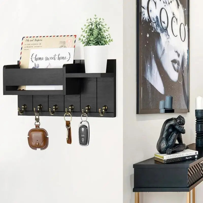 Wooden Wall Mounted Key Holder — Entryway Organizer with Shelf and 6 Hooks