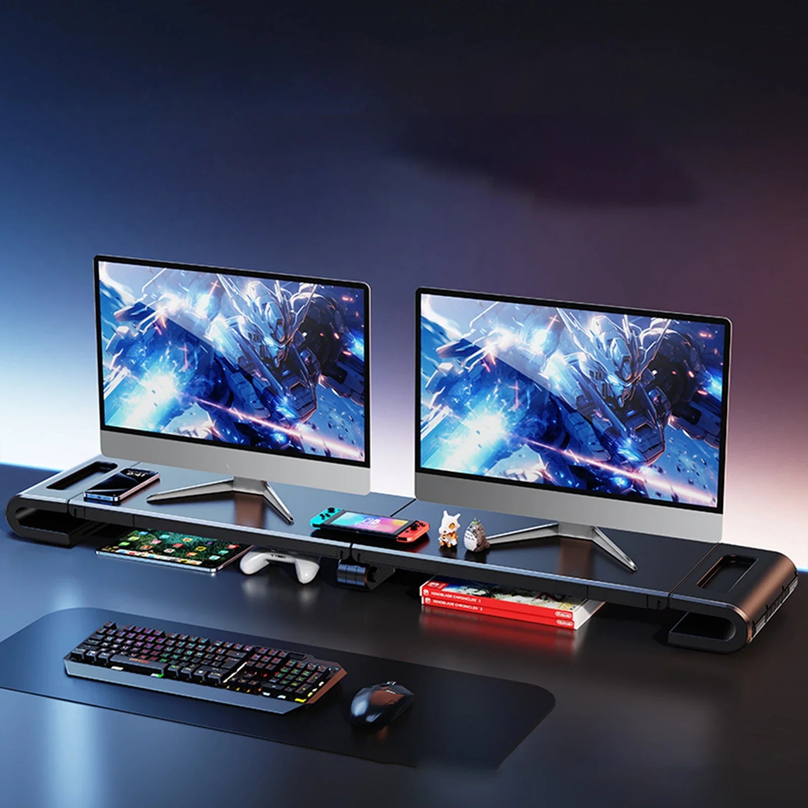 Dual Monitor Stand Riser — Adjustable Desktop Organizer with Phone Holder