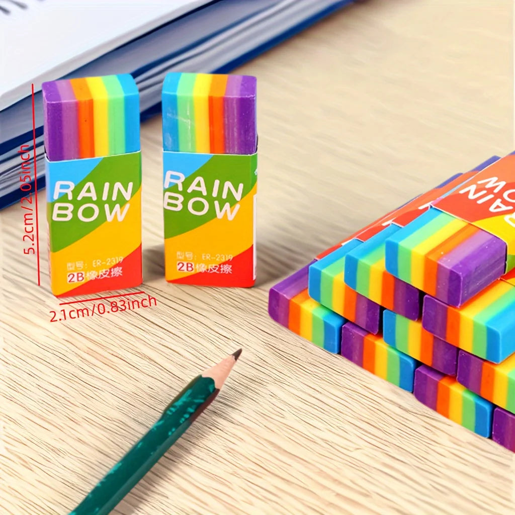 Rainbow 2B Pencil Erasers — Soft PVC Stationery for Writing & Drawing