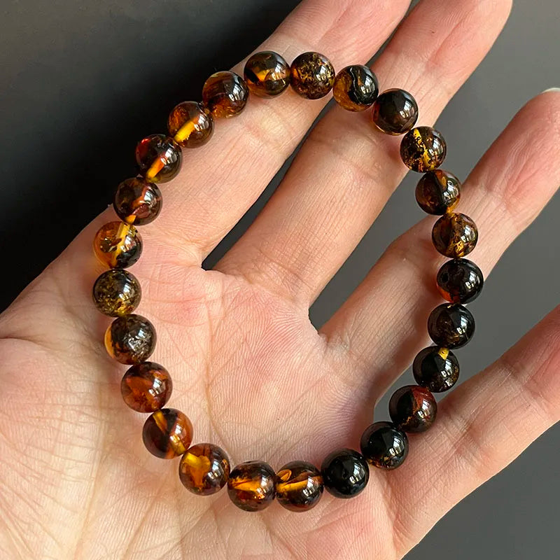 Yoowei Natural Baltic Amber Bracelet — Round Piebald Gemstone Jewelry