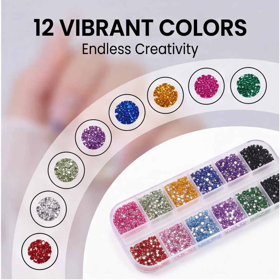 12-Color Flatback Nail Rhinestones — Premium Sparkle for DIY Manicures & Crafts