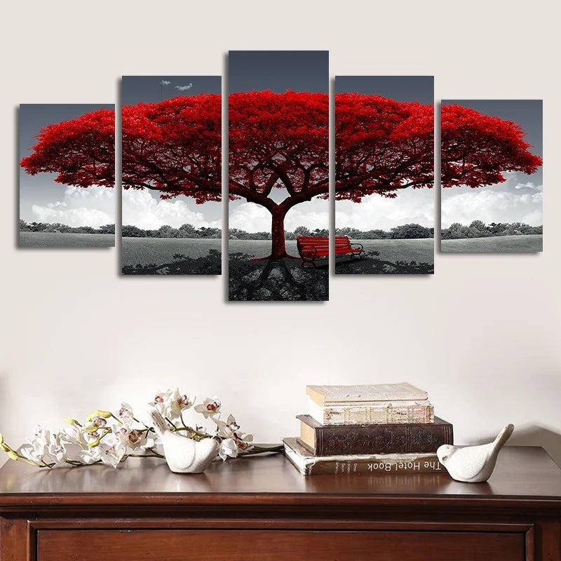 Modern Lucky Tree Canvas Wall Art — 5-Piece Set of Unframed Posters