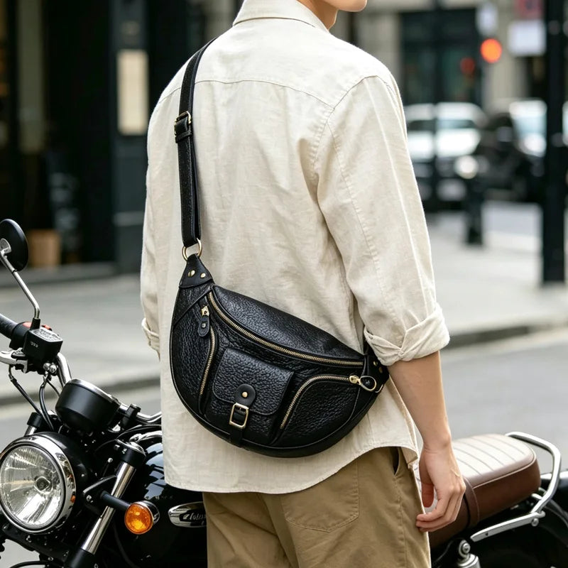 PiBOLES Genuine Leather Chest Bag — Multi-Pocket Crossbody Organizer