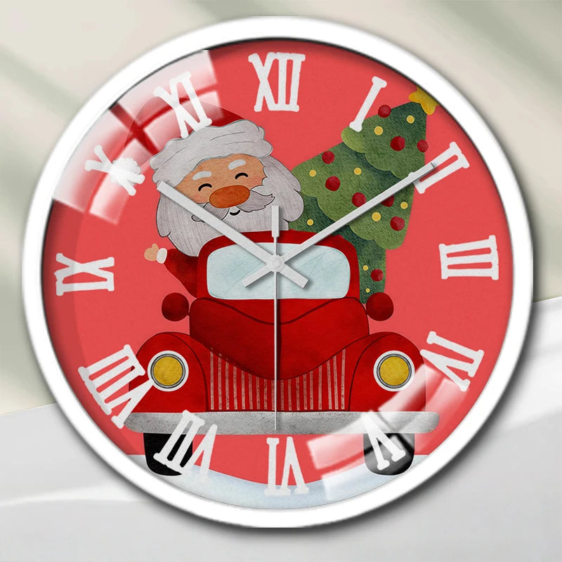 Cute Santa Cartoon Round Wall Clock — Silent Hanging Decor for Kids Rooms
