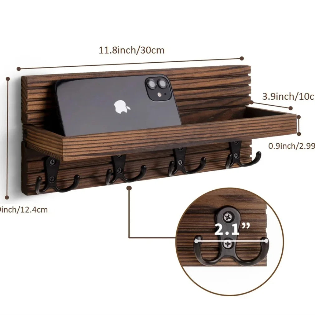 Wooden Wall Mounted Key Holder — Rustic Entryway Organizer with 4 Hooks