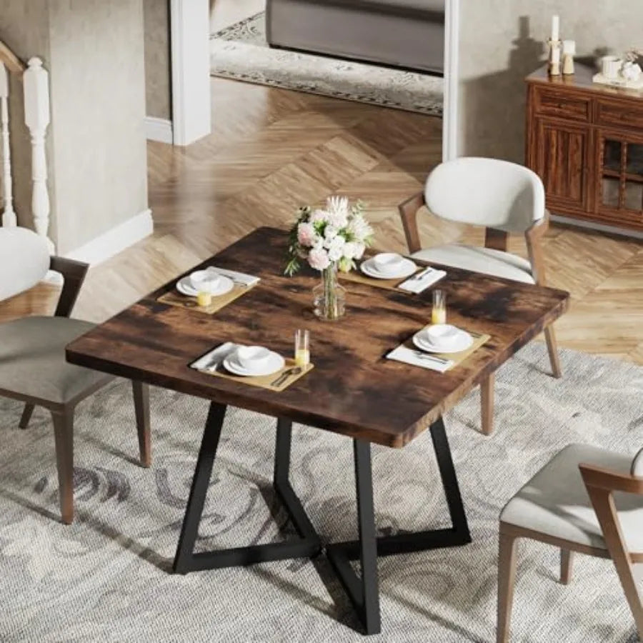 Square Dining Table — Industrial Metal Base & Wood Design, Small Space Solution