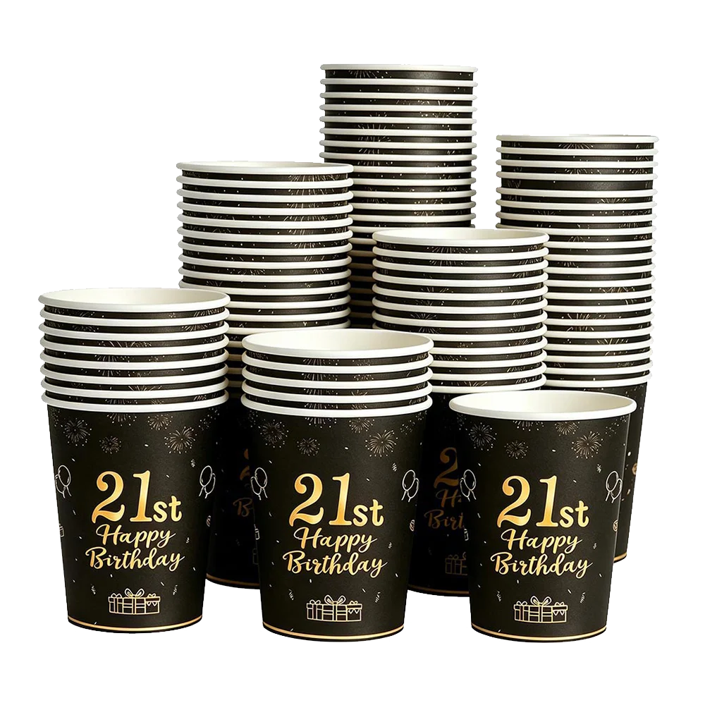 PartiesTour Black and Gold Disposable Paper Cups — Elegant Birthday Party Supplies