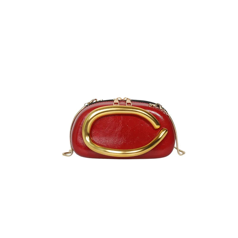 Elegant Round Evening Clutch — Metal Handle Crossbody Bag with Chain Strap