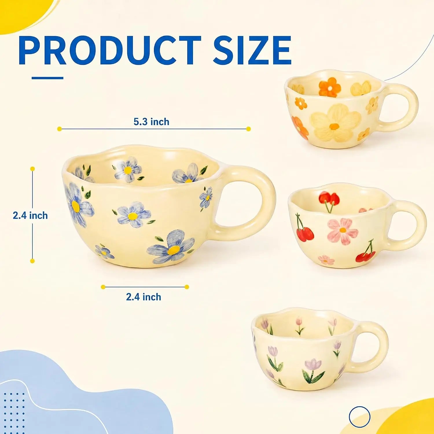 Hand-Painted Floral Ceramic Mugs — Set of 4 Decorative Coffee Cups