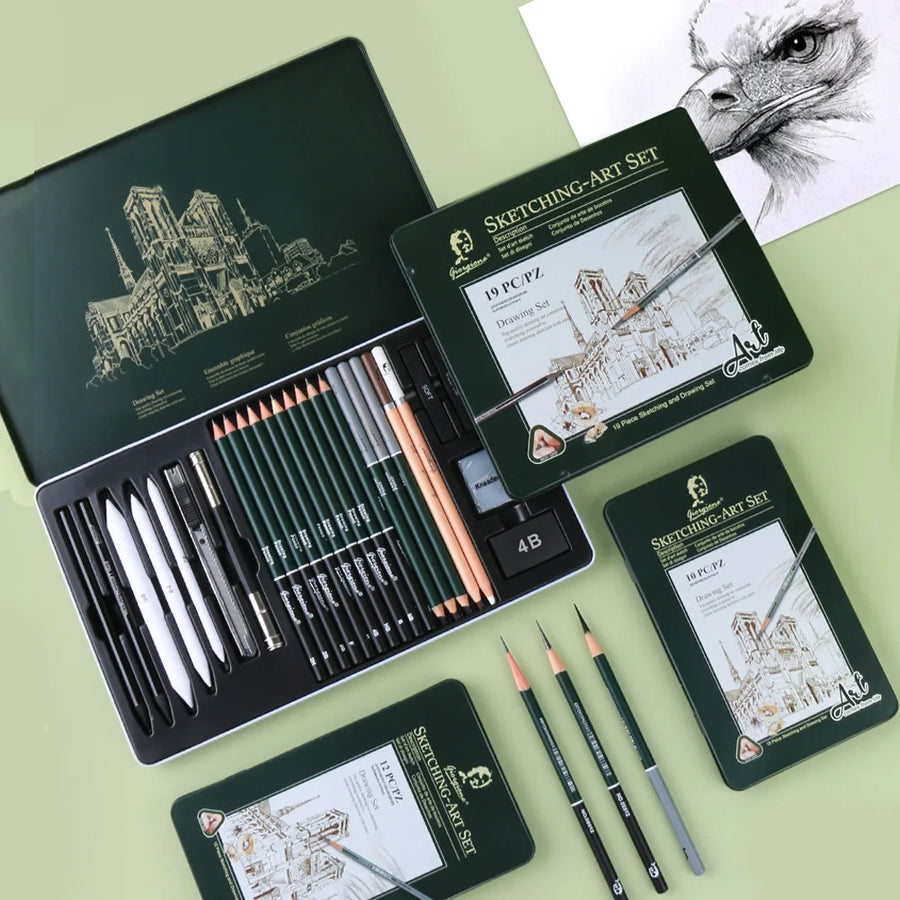 Charcoal Sketching Pencil Set — Professional Art Kit in Portable Green Tin