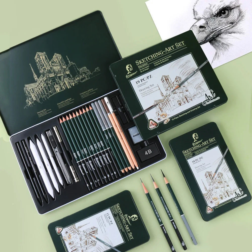 Charcoal Sketching Pencil Set — Professional Art Kit in Portable Green Tin